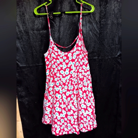 aggie Tops - Red spaghetti strap tank top with white flowers and a open back